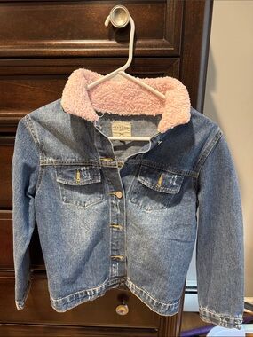 Kids Denim Jacket with Pink Sherpa Collar. Hayden girl